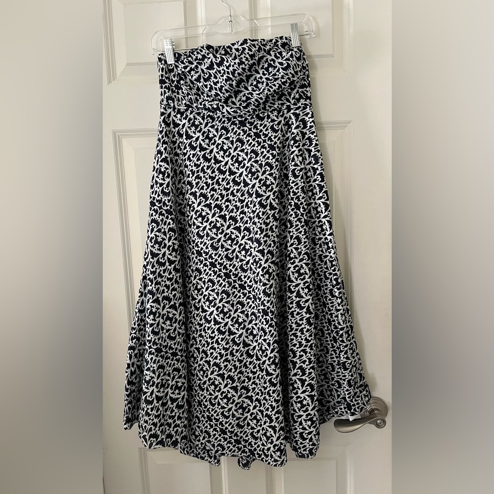 J. Crew Strapless Empire Waist Blue White Scroll Print Cotton Seersucker Dress 8
